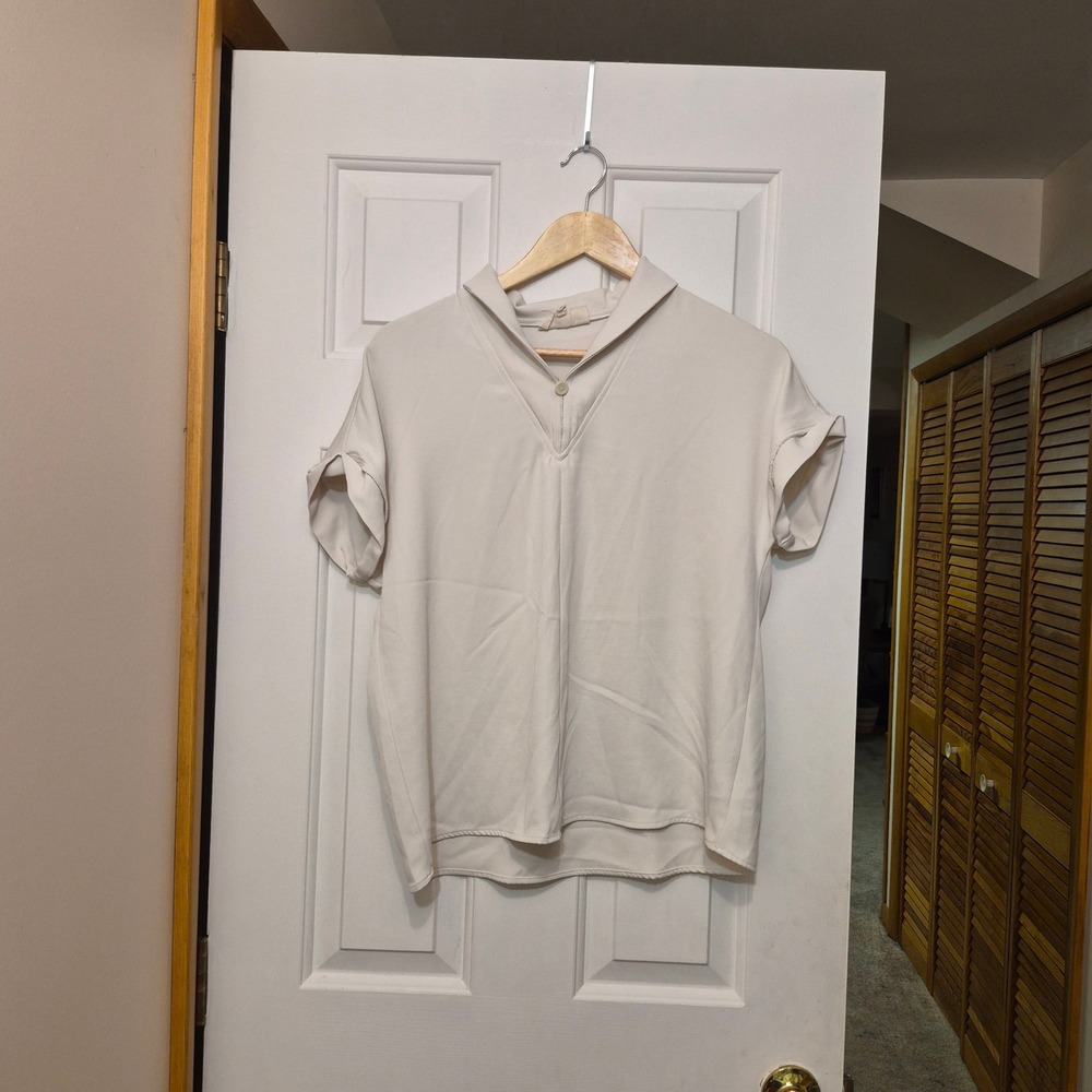 Melloday Womens Small Cream Short Sleeve Shawl Collar V-Neck Cuffed Blouse Top